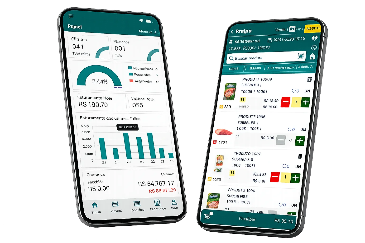 Zartoo App em dois celulares — painel do vendedor e tela de pedido de venda em campo